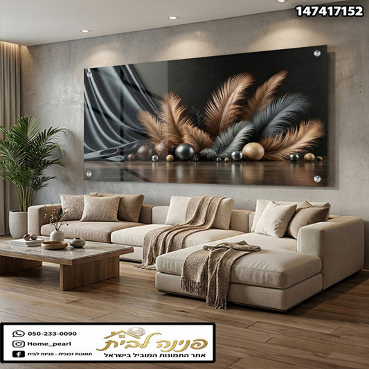 תמונה של תמונה קיר עם נוצות וכדורים - תמונות קיר - צבעים חום, שחור ואפור