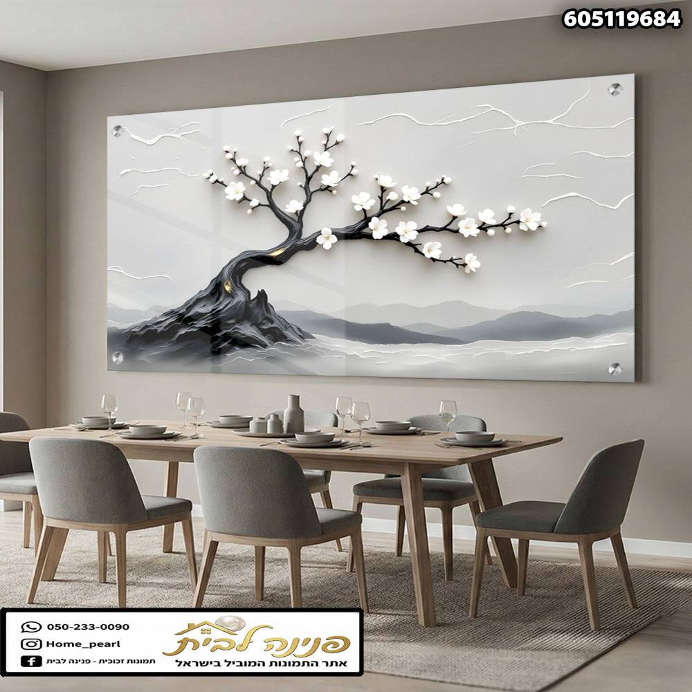 תמונה של עץ בפרחים על זכוכית - תמונות נוי - צבעים אפור ולבן