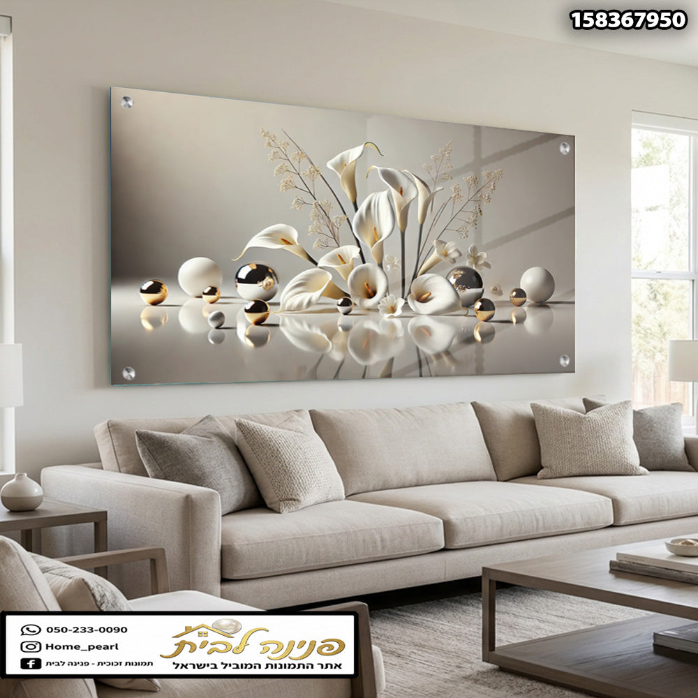 תמונה של סידור פרחים על קיר - תמונות קיר - צבעים לבן וזהב