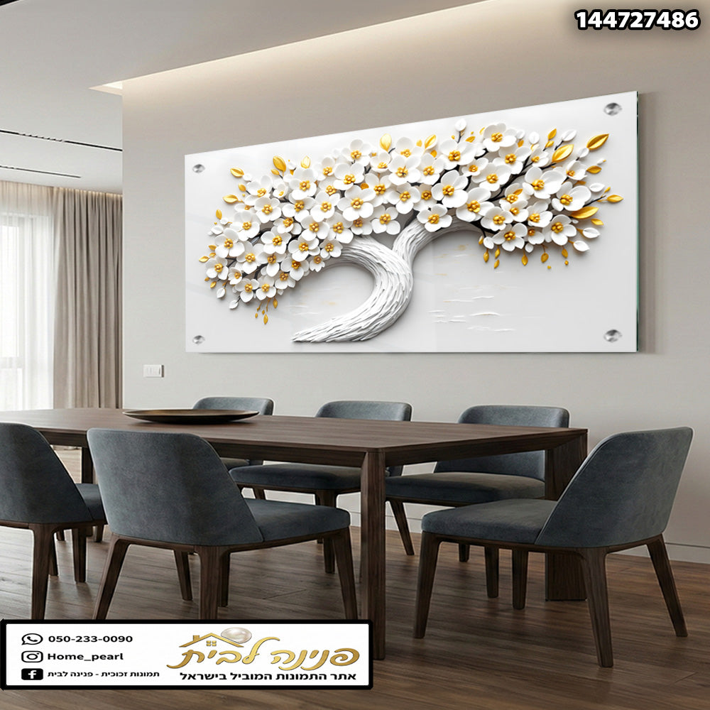 תמונה של עצים פרחוניים על קיר - תמונות קיר - צבעים לבן וזהב
