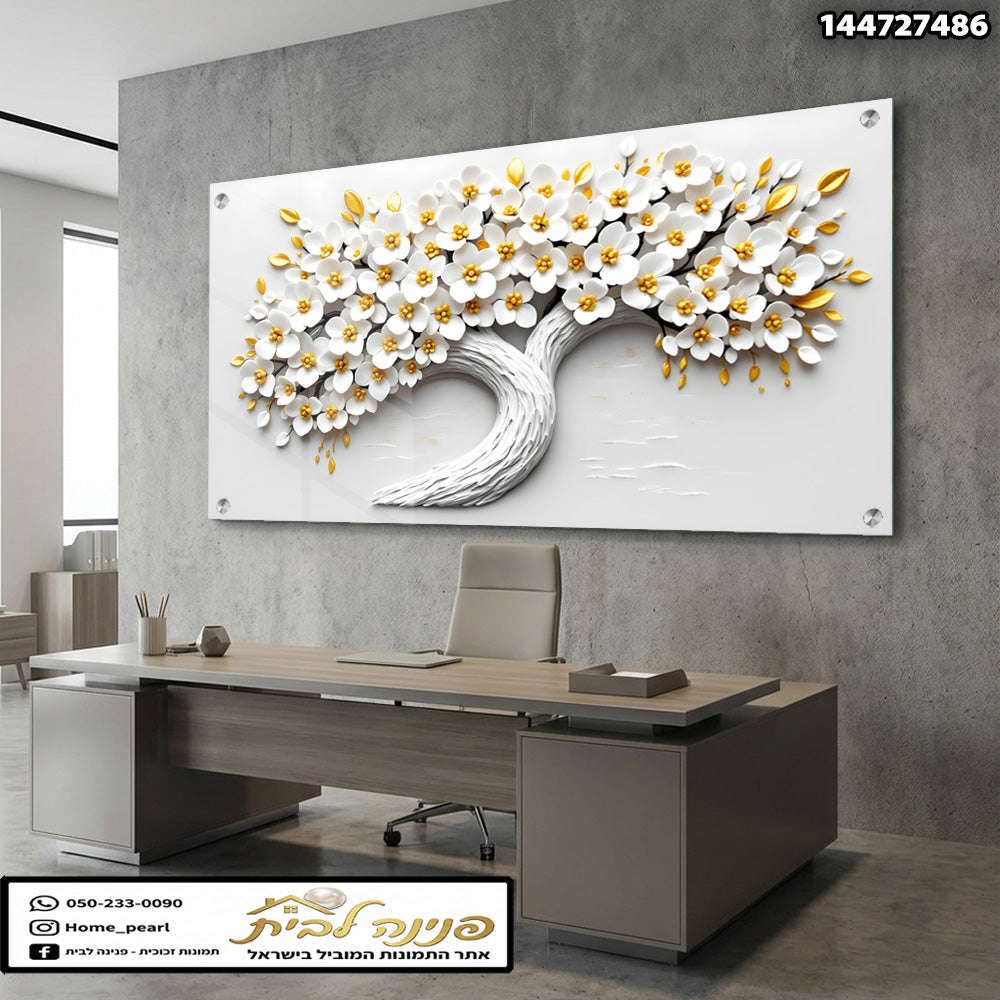 תמונה של עץ עם פרחים לבנים וזרים בצבע זהב - תמונות קיר - צבעים לבן וזהב