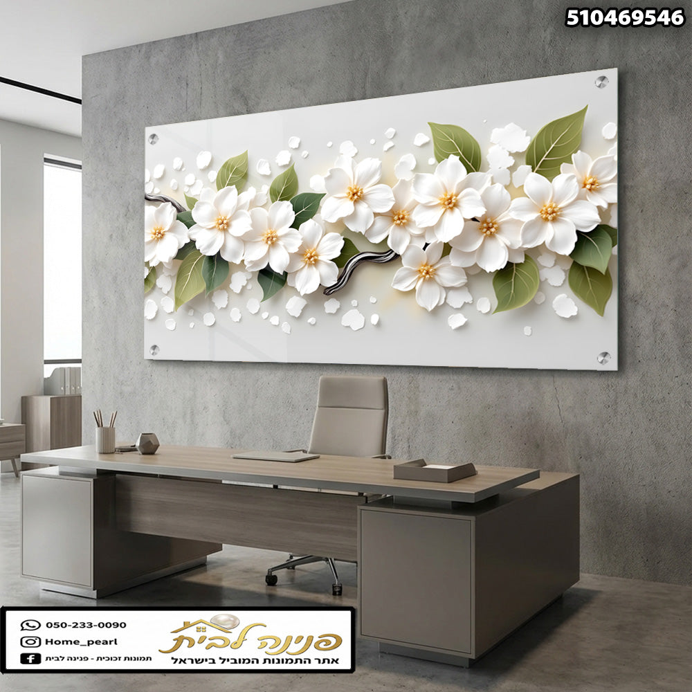 הדפסה על זכוכית - פריחת יסמין לבנה עם עלים ירוקים עדינים תמונות זכוכית לסלון תמונות לבית תמונות קיר הדפסה על זכוכית