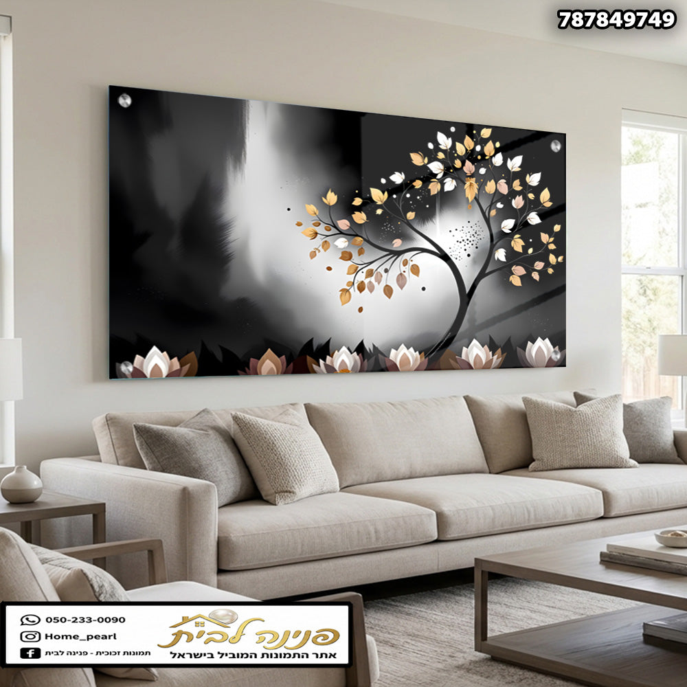 תמונות זכוכית - עץ שחור אלגנטי עם עלים זהובים ולוטוסים עדינים תמונות זכוכית לסלון תמונות לבית תמונות קיר הדפסה על זכוכית