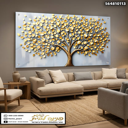 תמונה של עץ עם עלים מזהב לקDecor הבית - תמונות נוי - צבעים זהב ואפור