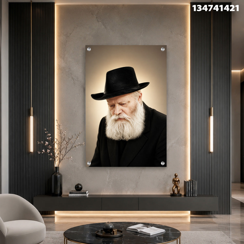 תמונות זכוכית - דיוקן רב מזוקן בכובע שחור והילה זהובה תמונות זכוכית לסלון תמונות לבית תמונות קיר הדפסה על זכוכית