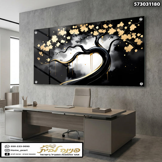 תמונת קיר עם עץ ופרחים - תמונות נוי - צבעים שחור, לבן, זהב