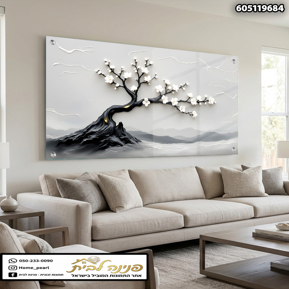 תמונה של עץ פריחת השקד על זכוכית - תמונות לבית - צבעים בשחור ולבן