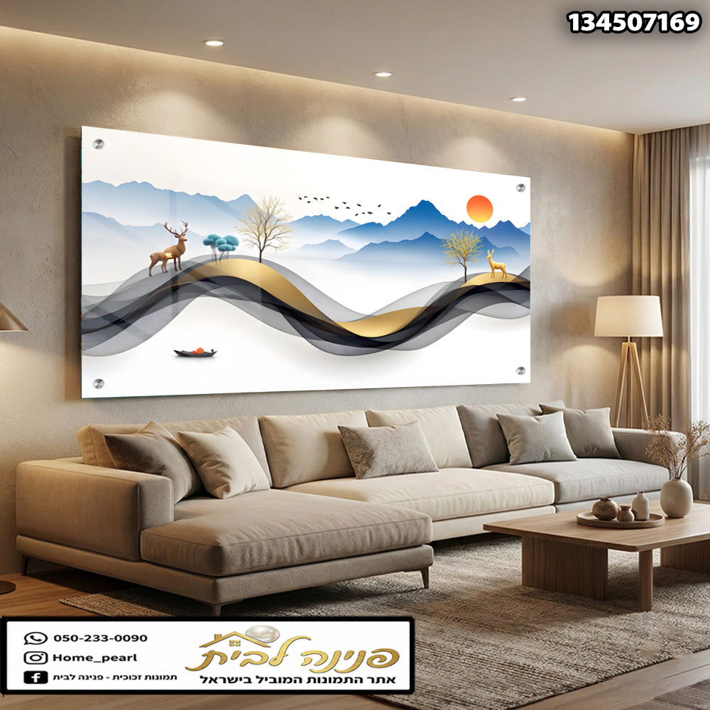 תמונה המראה נוף רגוע עם איילים והרים - תמונות לבית - צבעים כחול וכתום