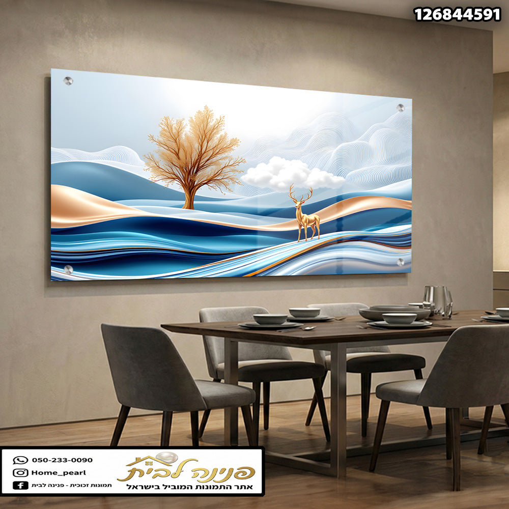 תמונה של עץ וראם בין גלים בצבעים כחול ושטח - תמונות קיר - צבעים בתמונה