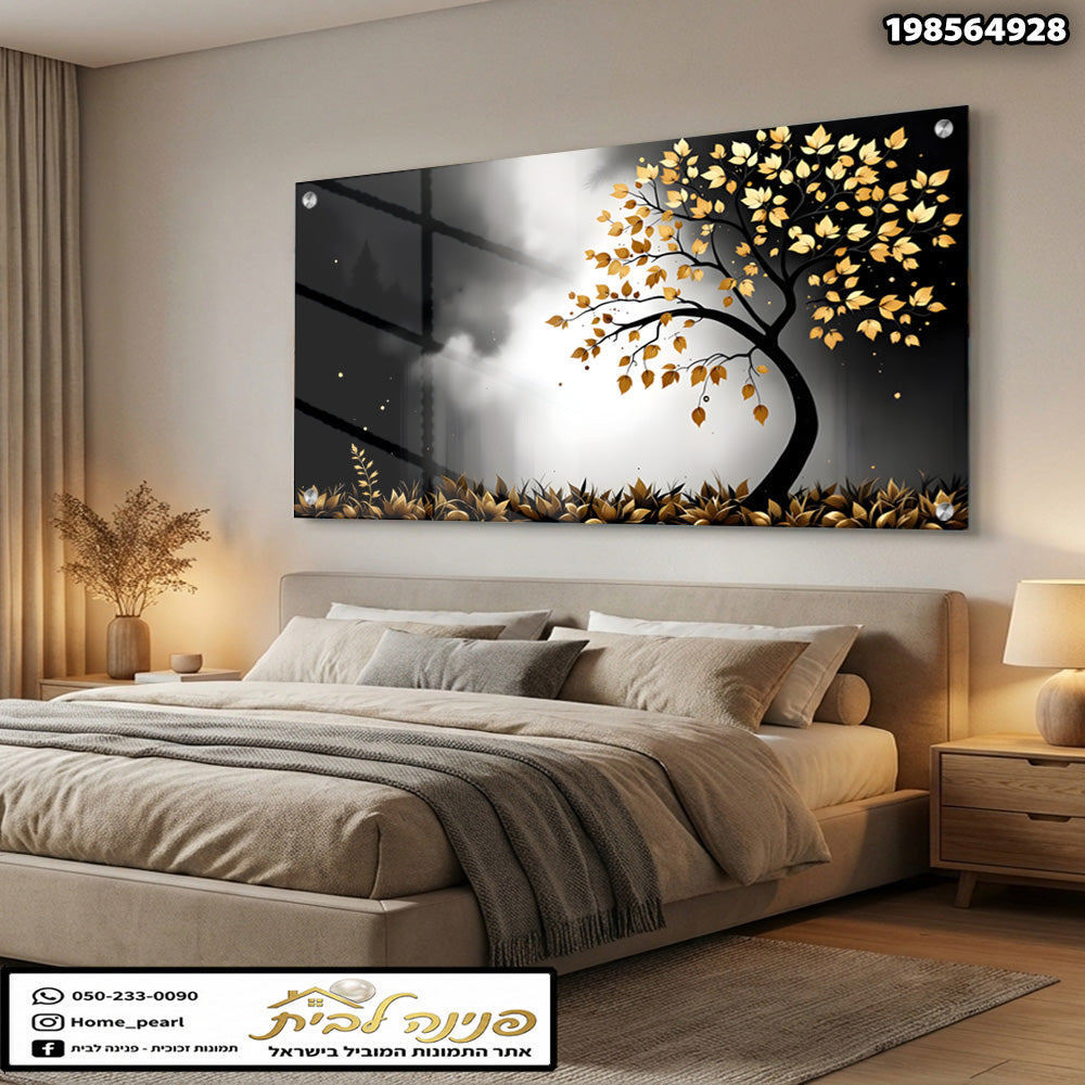 תמונה של עץ עם עלים צהובים על רקע שחור ולבן - תמונות קיר - צבעים: שחור, לבן, צהוב
