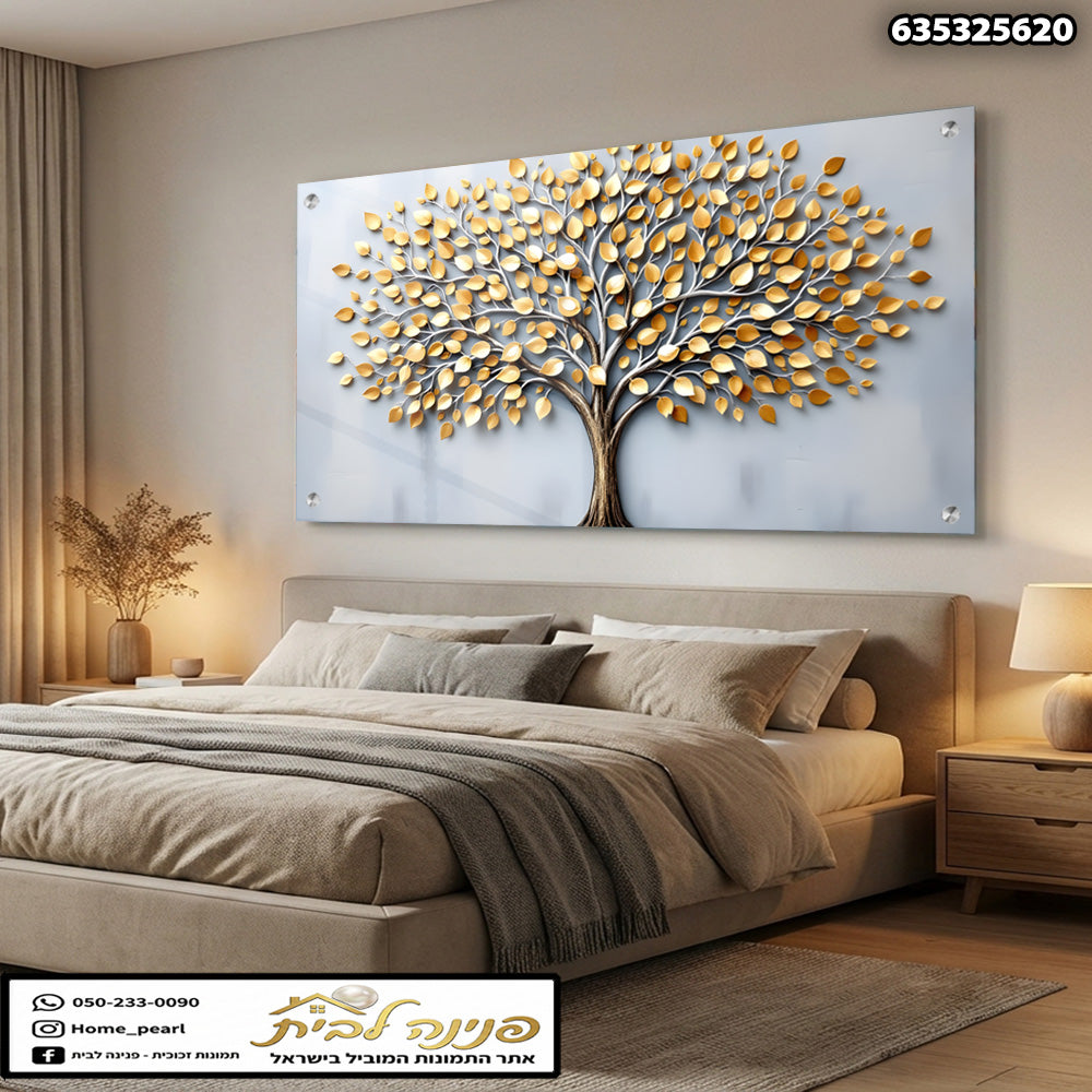 תמונה מרהיבה של עץ עם עלים זהובים על קיר בסלון - תמונות קיר - זהב ואפור