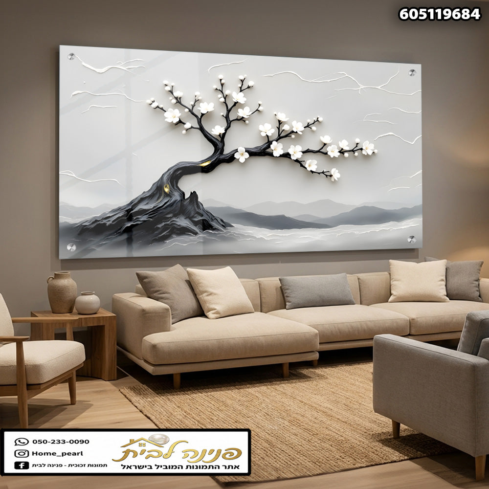 תמונה של עץ על רקע הרים - תמונות לבית - גוונים של אפור ולבן