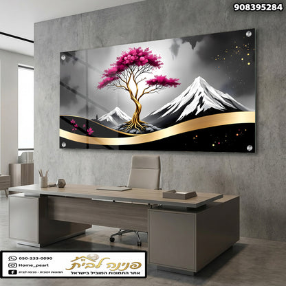 תמונה של עץ פורח עם הרים ברקע - תמונות למשרד - צבעים: ורוד, שחור, זהב, לבן