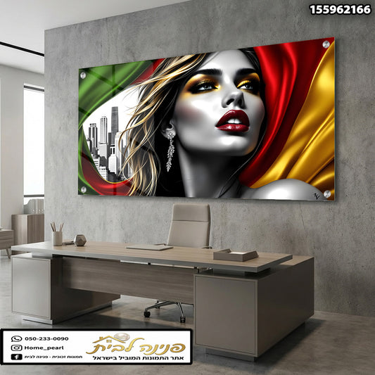 תמונה של אישה עם רקע דגל - תמונות קיר - אדום ירוק צהוב
