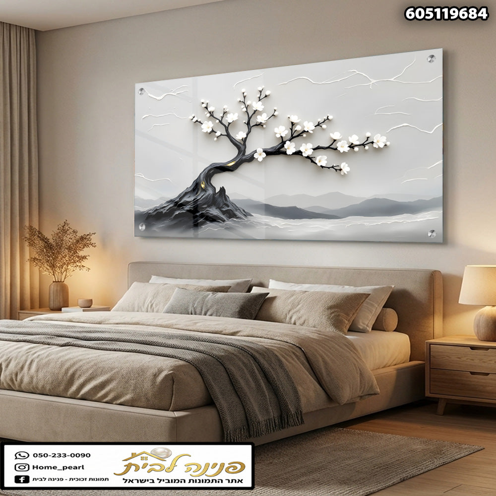 תמונה של עץ פריחה על קירות הבית - תמונות נוי - צבעים אפור ולבן