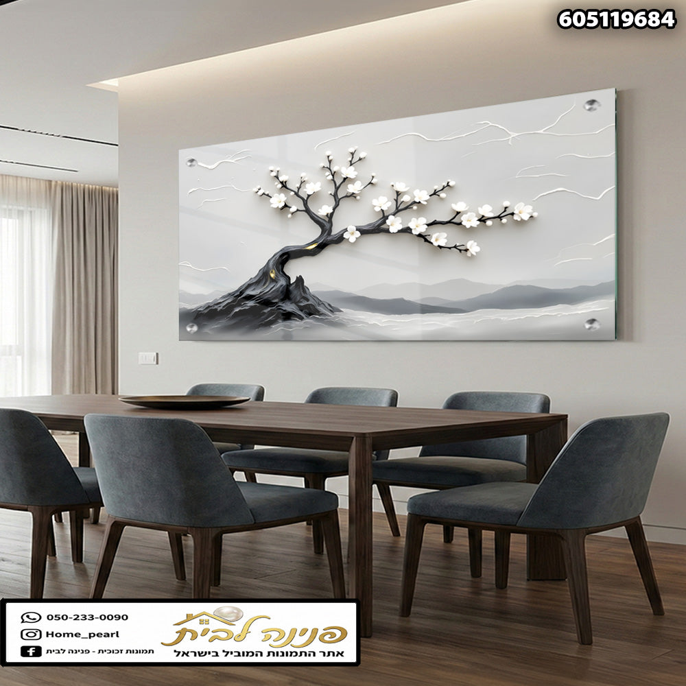 תמונה של עץ פריחה קיר - תמונות קיר - צבעים לבן ואפור