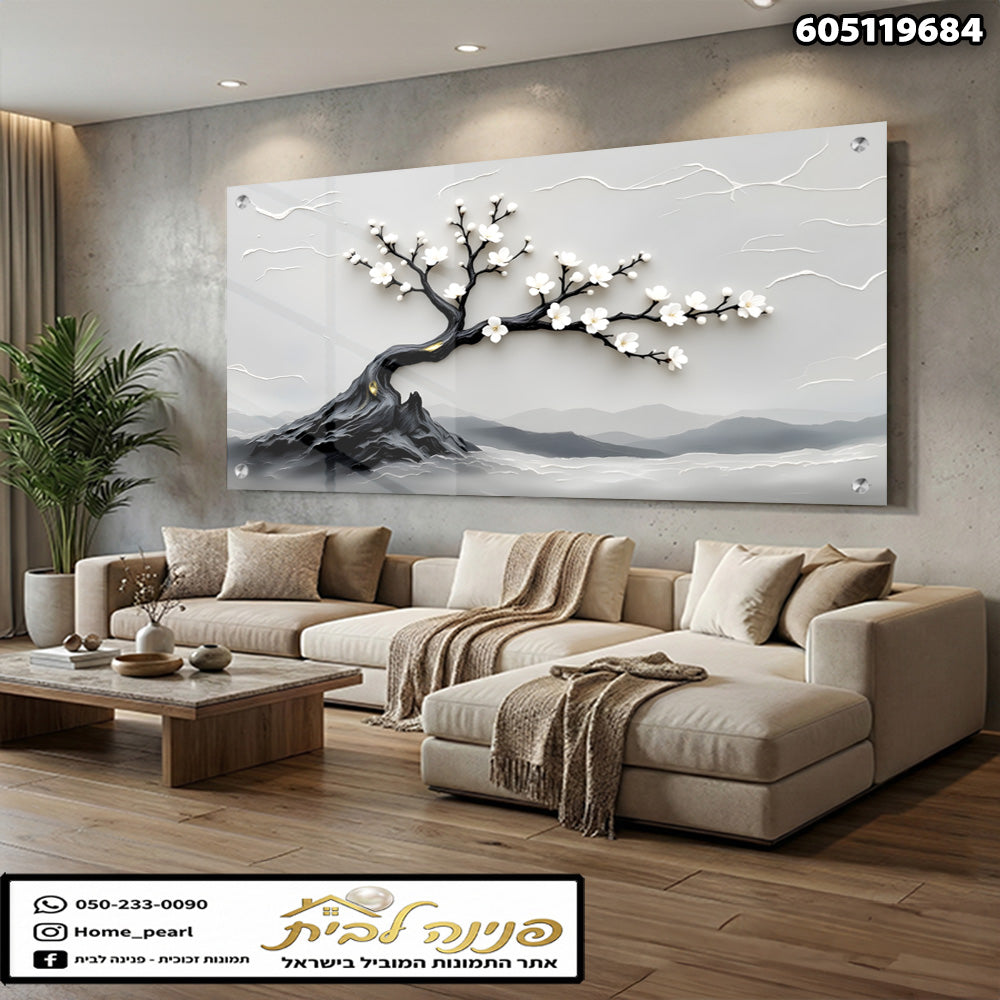 תמונה של עץ בפר花 על קיר - תמונות קיר - צבעים לבן ואפור