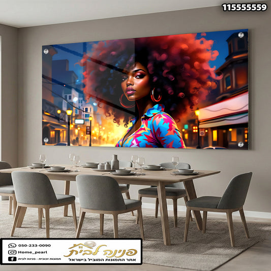 תמונה של אישה עם תסרוקת פזורת על קיר - תמונות קיר - צבעים אדום, כחול וצהוב