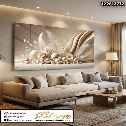 תמונה של עיצוב קיר עם פרחים ופנינים - תמונות קיר - צבעים לבן ובז'