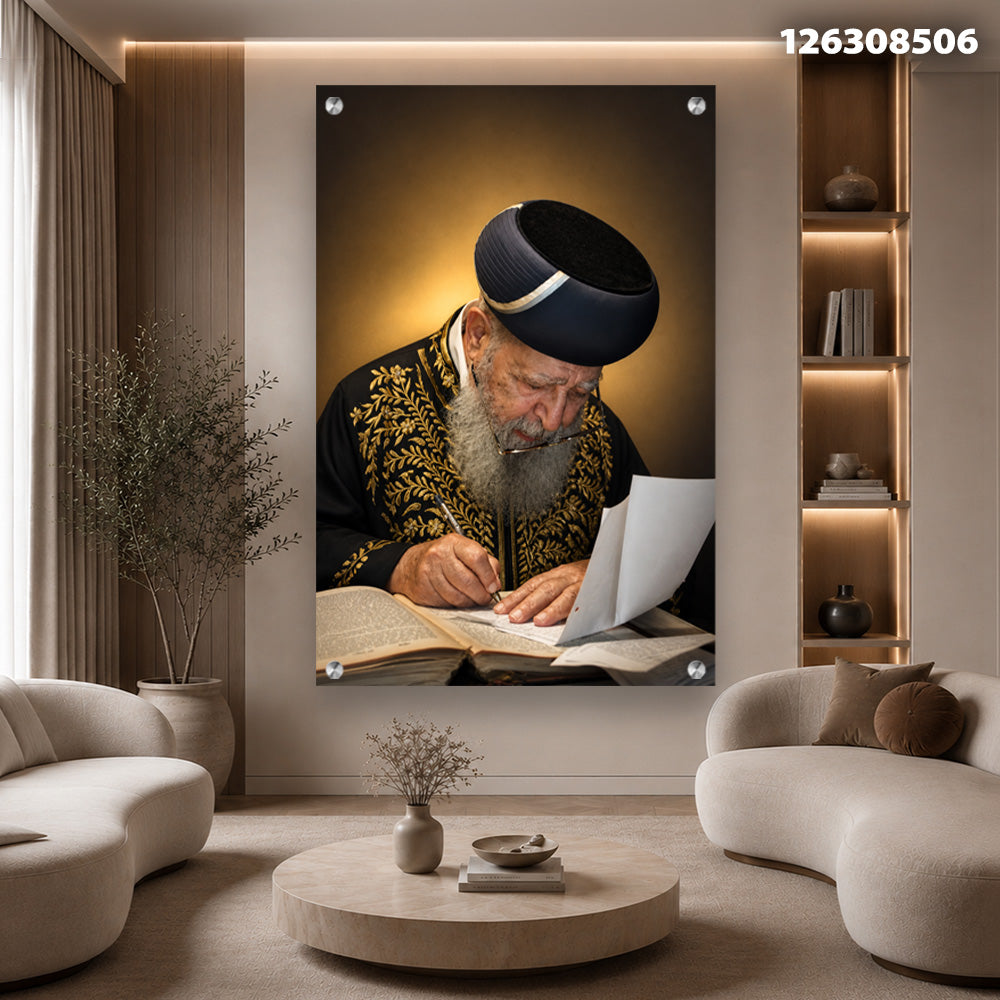 תמונות זכוכית - רב כותב בספר פתוח בזהב ושחור תמונות זכוכית לסלון תמונות לבית תמונות קיר הדפסה על זכוכית