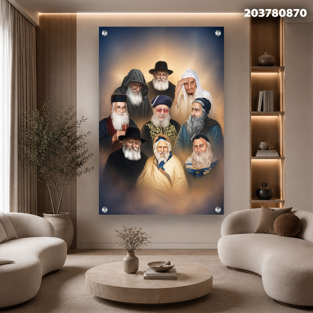 תמונות זכוכית - דיוקן רבנים בהילת אור זהובה וכחול עמוק תמונות זכוכית לסלון תמונות לבית תמונות קיר הדפסה על זכוכית