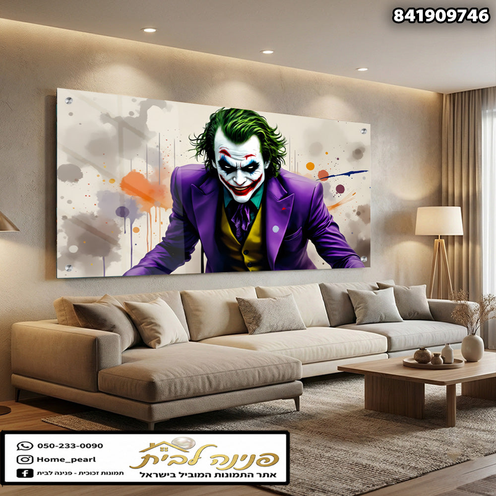 הדפסה על זכוכית - דיוקן דרמטי בסגול וירוק עם כתמי צבע אורבניים תמונות זכוכית לסלון תמונות לבית תמונות קיר הדפסה על זכוכית