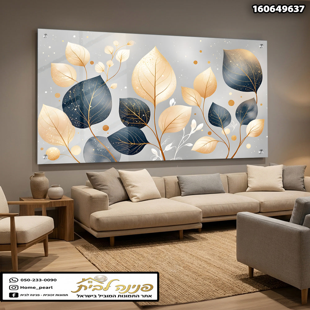 תמונה של קיר עם עלים בגווני זהב ואפור - תמונות קיר - צבעים זהב ואפור