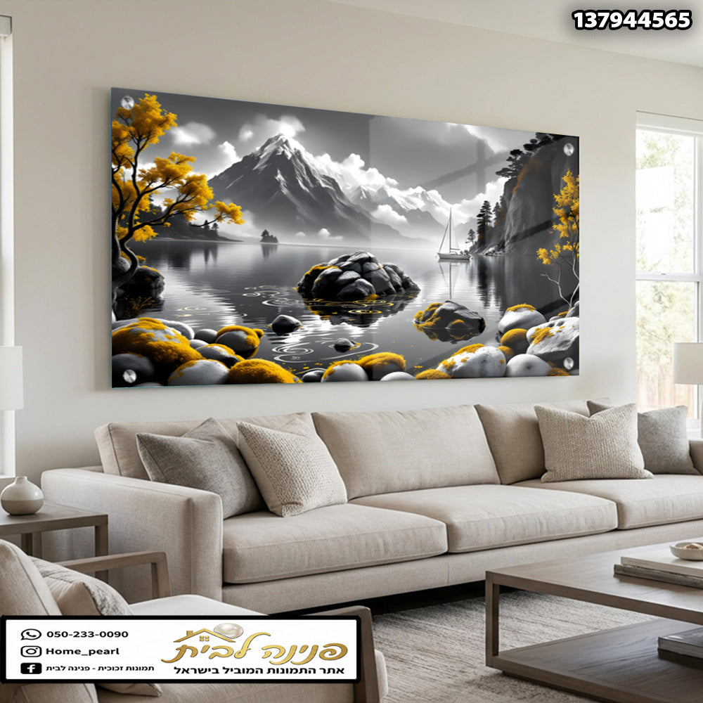 תמונות זכוכית - נוף אגם הרים מונוכרומטי עם נגיעות זהב תמונות זכוכית לסלון תמונות לבית תמונות קיר הדפסה על זכוכית
