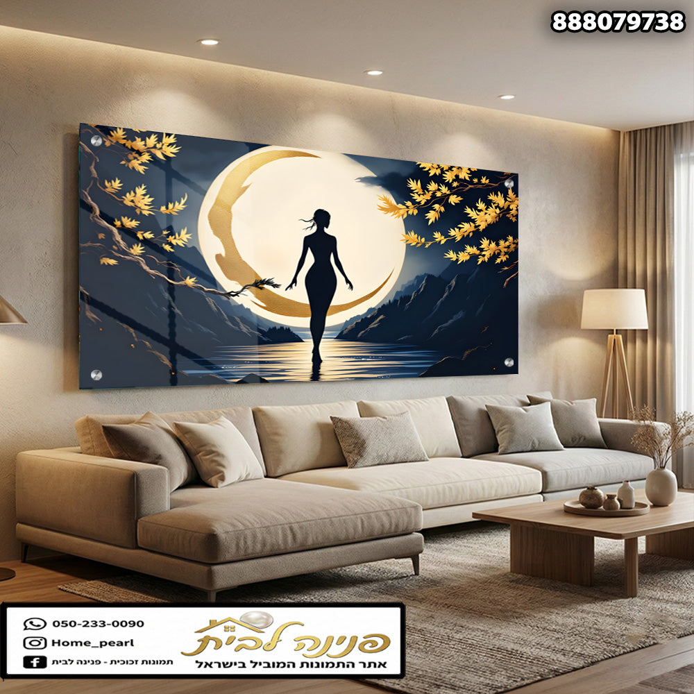 תמונה יפה של אישה ליד ירח בליל כוכבים - תמונות לבית - צבעים כחול וצהוב