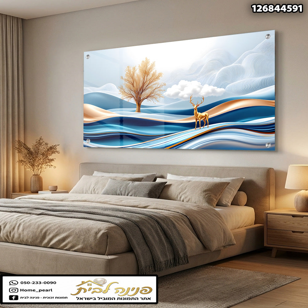 תמונות זכוכית - נוף גלים כחולים עם אייל זהוב ועץ ענברי תמונות זכוכית לסלון תמונות לבית תמונות קיר הדפסה על זכוכית