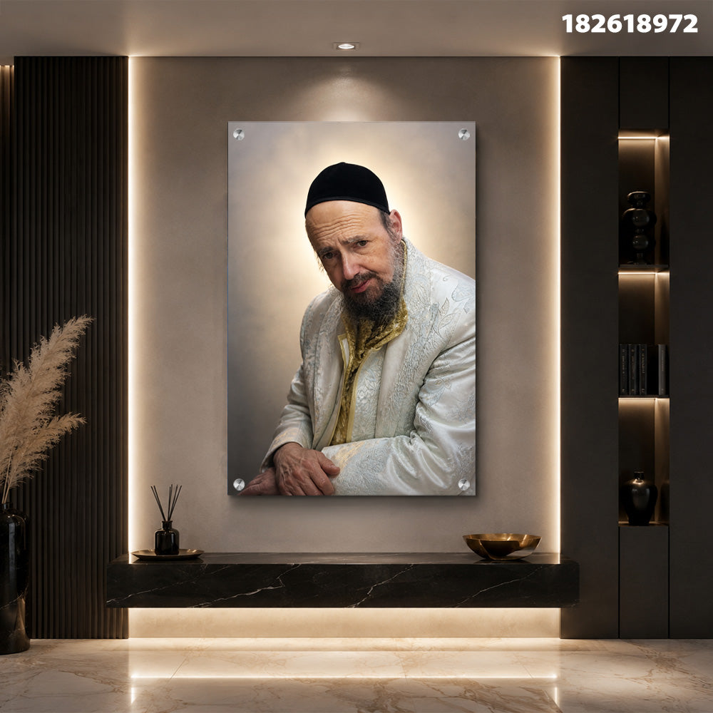 הדפסה על זכוכית - דיוקן יהודי אלגנטי עם הילה זהובה תמונות זכוכית לסלון תמונות לבית תמונות קיר הדפסה על זכוכית