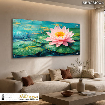 תמונה של פרח לוטוס על עלי נ lily - תמונות לסלון - ירוק ורוד