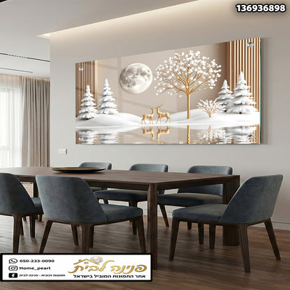 תמונה של נוף חורפי עם איילים ועצים - תמונות נוי - צבעים לבן וחום
