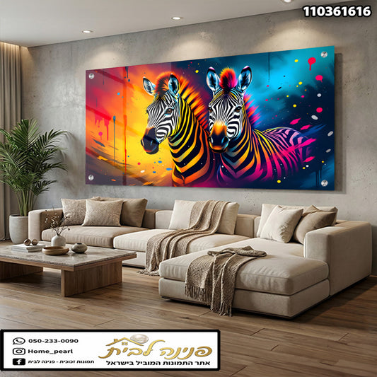 תמונה של Zebras צבעוניים על קיר - תמונות קיר - צבעים כחול, כתום וורוד