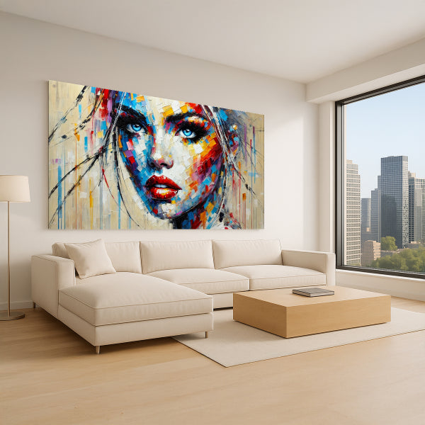 דיוקן נשי מופשט בצבעים עזים על זכוכית