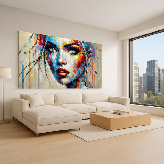 דיוקן נשי מופשט בצבעים עזים על זכוכית