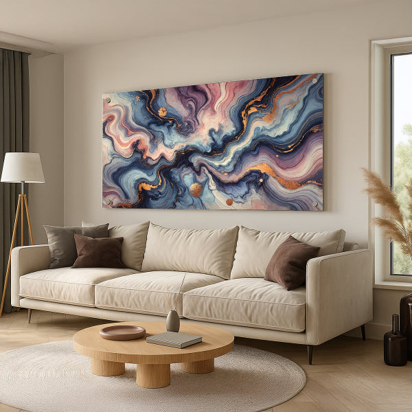 יצירת צבעים מופשטת בגוונים כחול סגול זהב