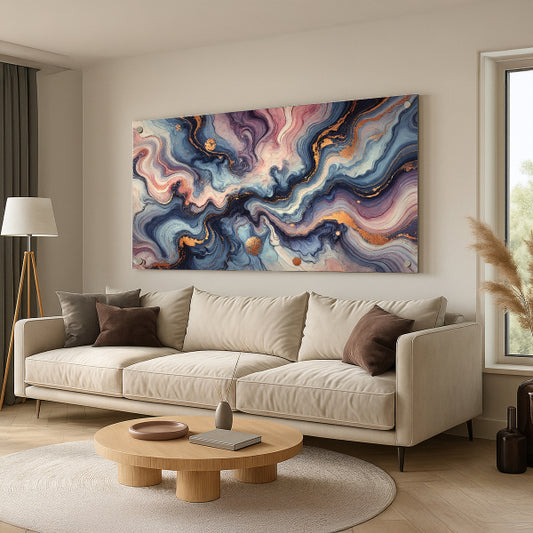 יצירת צבעים מופשטת בגוונים כחול סגול זהב