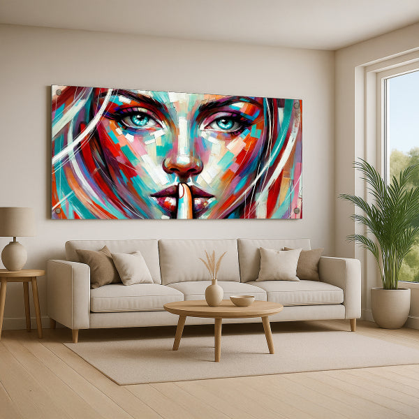 דיוקן נשי מופשט בצבעים חיים - תמונת זכוכית מודרנית לעיצוב הבית