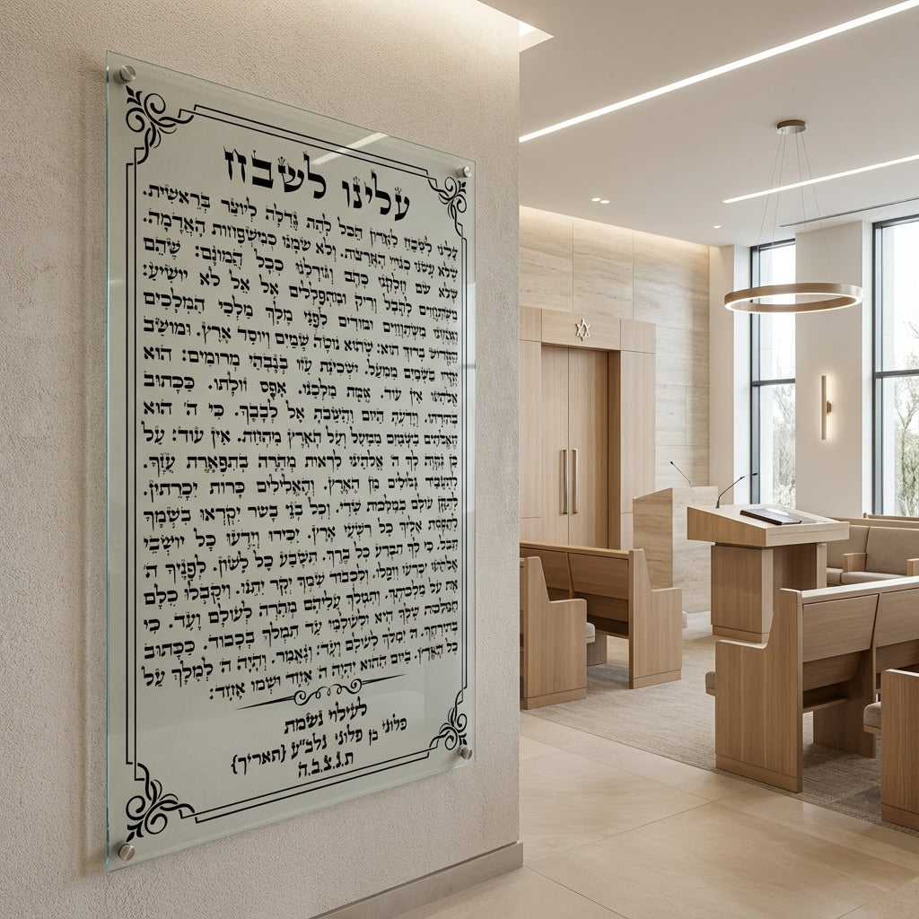 תמונות זכוכית - ברכת עלינו לשבח בעיצוב מסגרת קלאסית עם עיטורי פינות שחורים תמונות זכוכית לסלון תמונות לבית תמונות קיר הדפסה על זכוכית