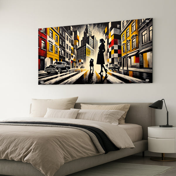 תמונת זכוכית של אישה צועדת בעיר צבעונית בסגנון מודרני