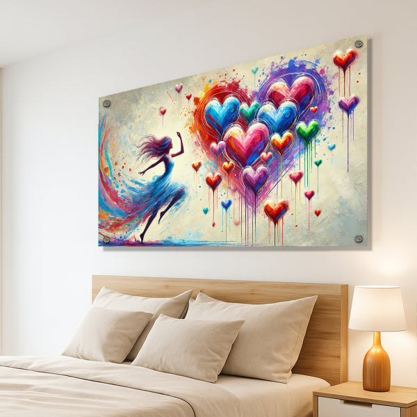 תמונה אמנותית של ריקוד אישה ולבבות צבעוניים