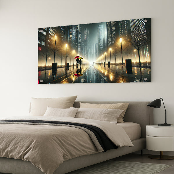 תמונת זכוכית של זוג עם מטרייה אדומה בלילה גשום בעיר מוארת