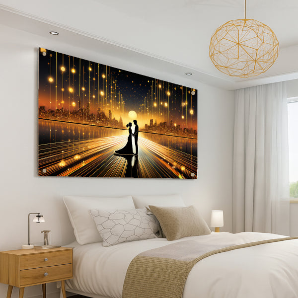 זוג רוקד על רקע שקיעה זהובה בעיר מוארת באורות נוצצים