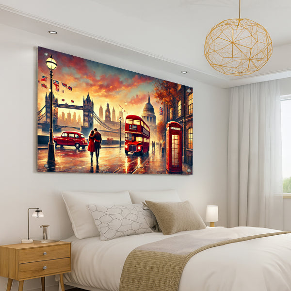 זוג מהלך ברחובות לונדון בשקיעה עם אוטובוס אדום וגשר טאוור ברידג