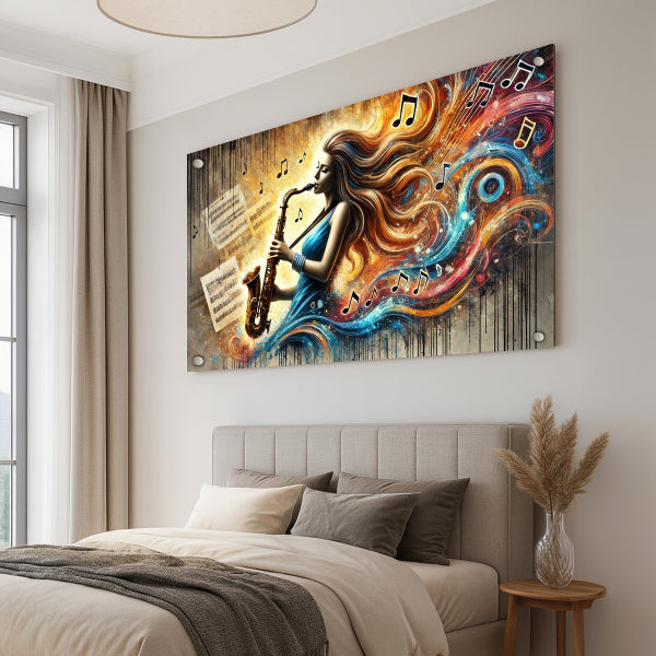 אישה מנגנת על סקסופון עם תווים וצבעים זורמים מסביבה