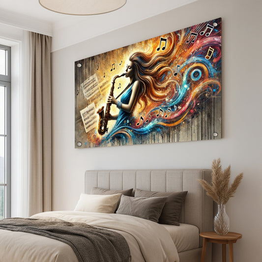 אישה מנגנת על סקסופון עם תווים וצבעים זורמים מסביבה