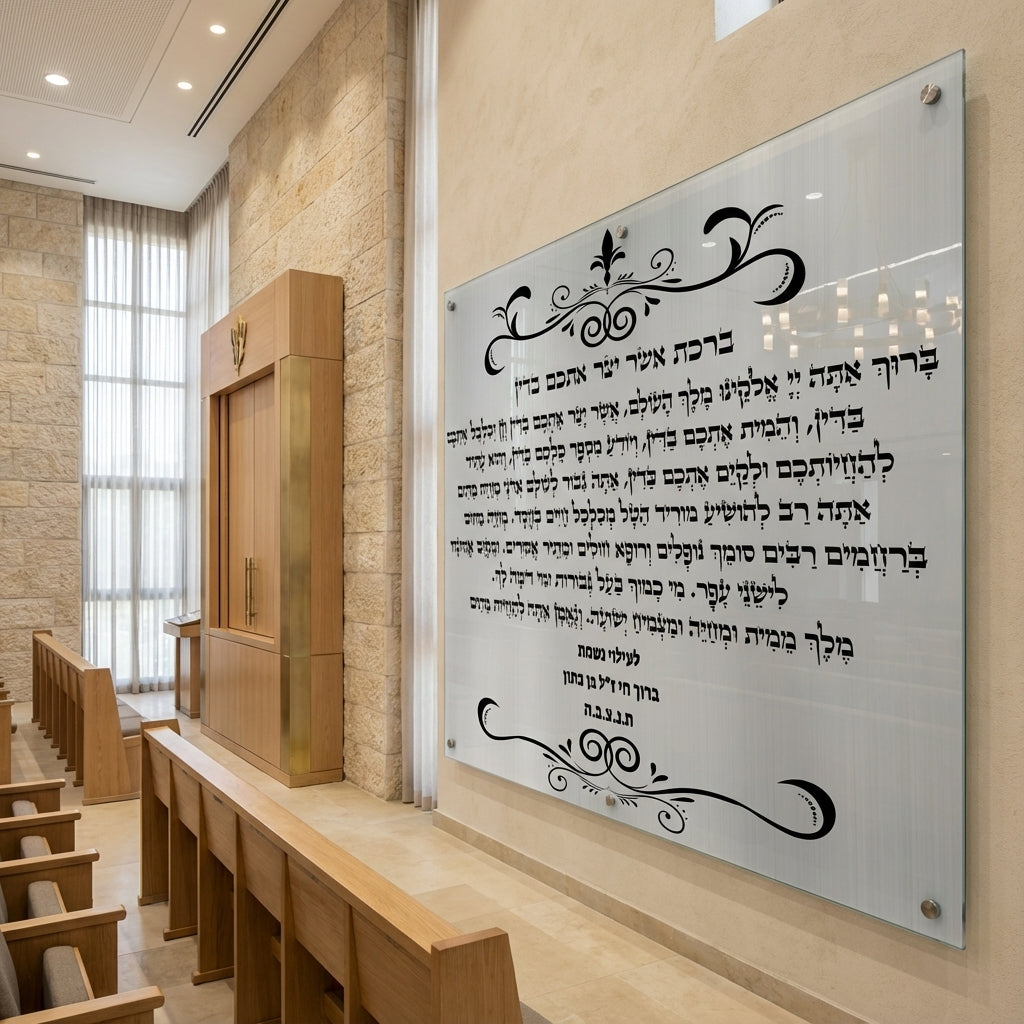 הדפסה על זכוכית - ברכת אשר יצר אתכם בדין בשחור אלגנטי עם עיטורי ערבסקה תמונות זכוכית לסלון תמונות לבית תמונות קיר הדפסה על זכוכית
