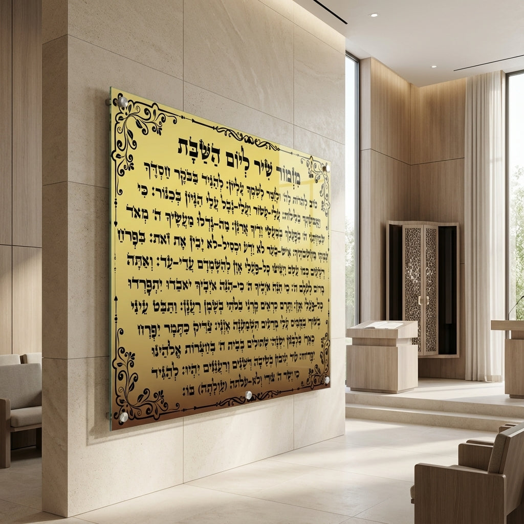 תמונות זכוכית - מזמור שיר ליום השבת בגוון זהב עם עיטורי מסגרת שחורים תמונות זכוכית לסלון תמונות לבית תמונות קיר הדפסה על זכוכית