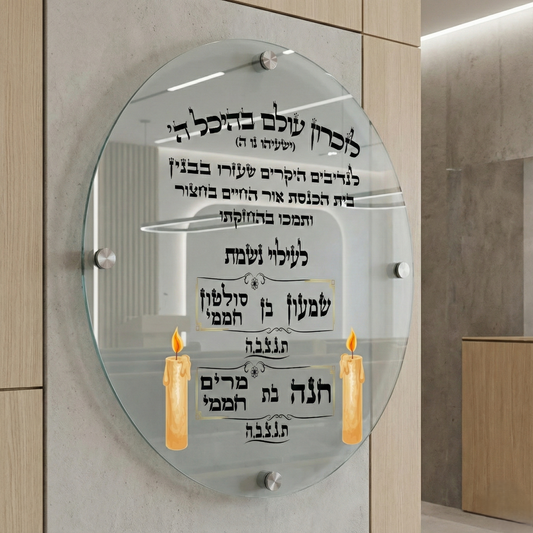 שלט הנצחה לבית הכנסת על זכוכית